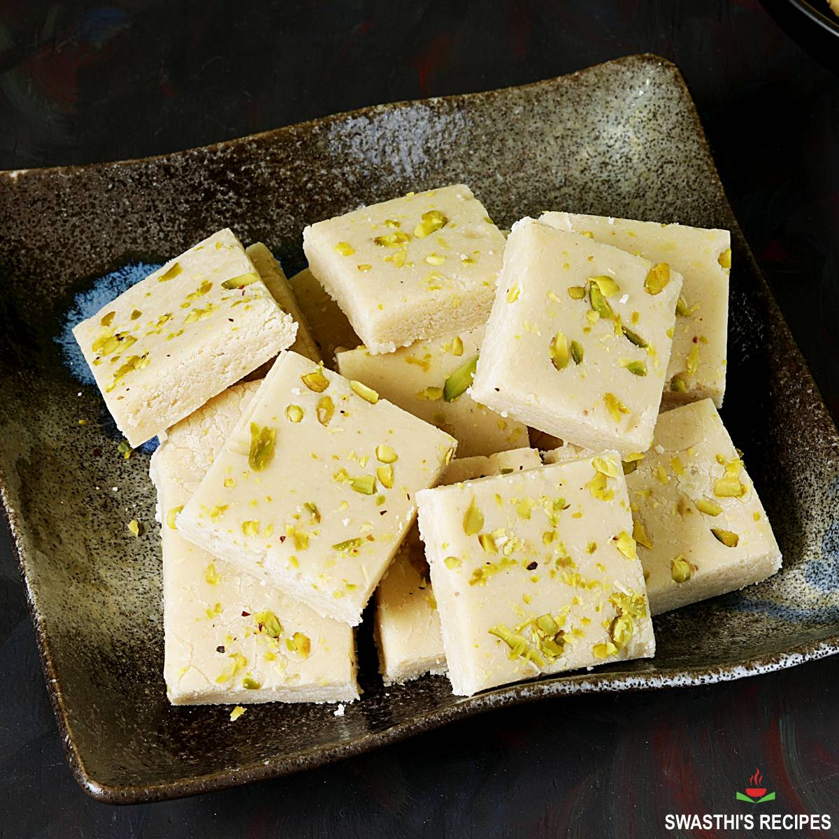 Badam Burfi also known as Almond burfi in a plate